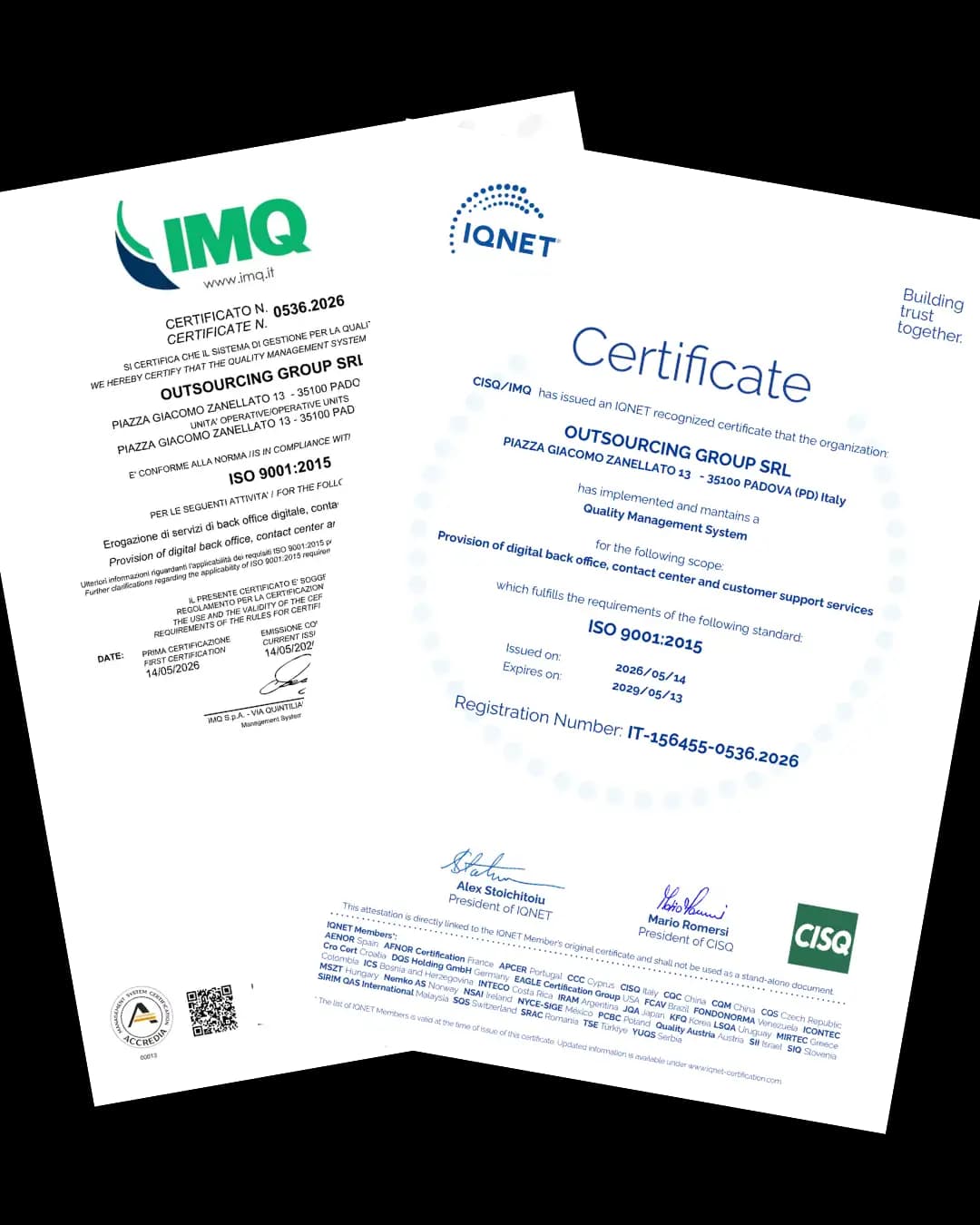 Certificati ISO 9001:2015 di Outsourcing Group SRL rilasciati da IMQ e IQNet